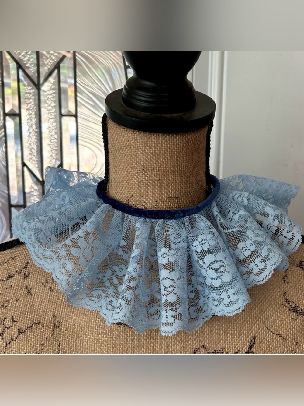 Light Blue Lace Ruffle Choker Velvet Trim